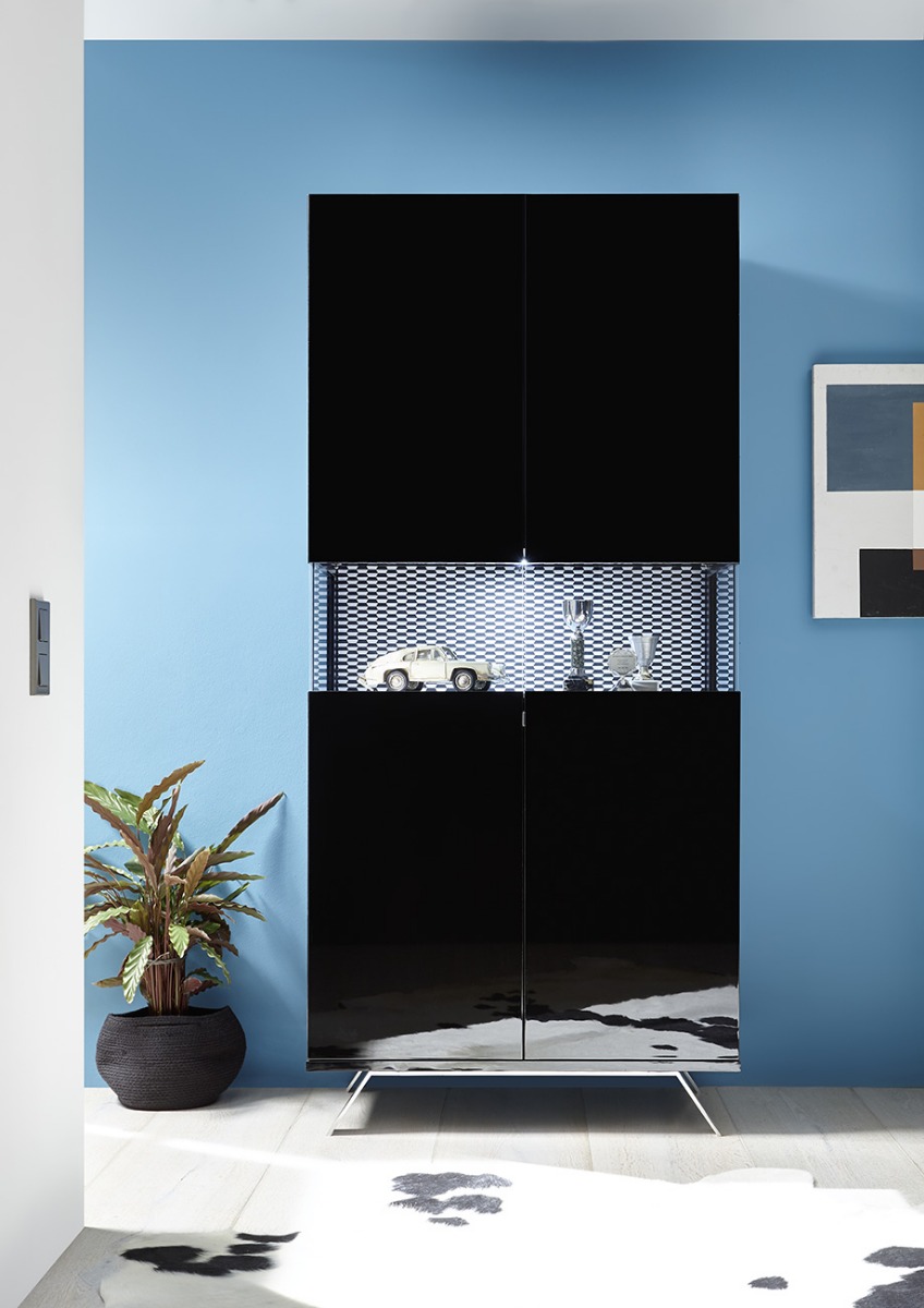 Vetrina 2 ante, nera lucida con piedino in ferro