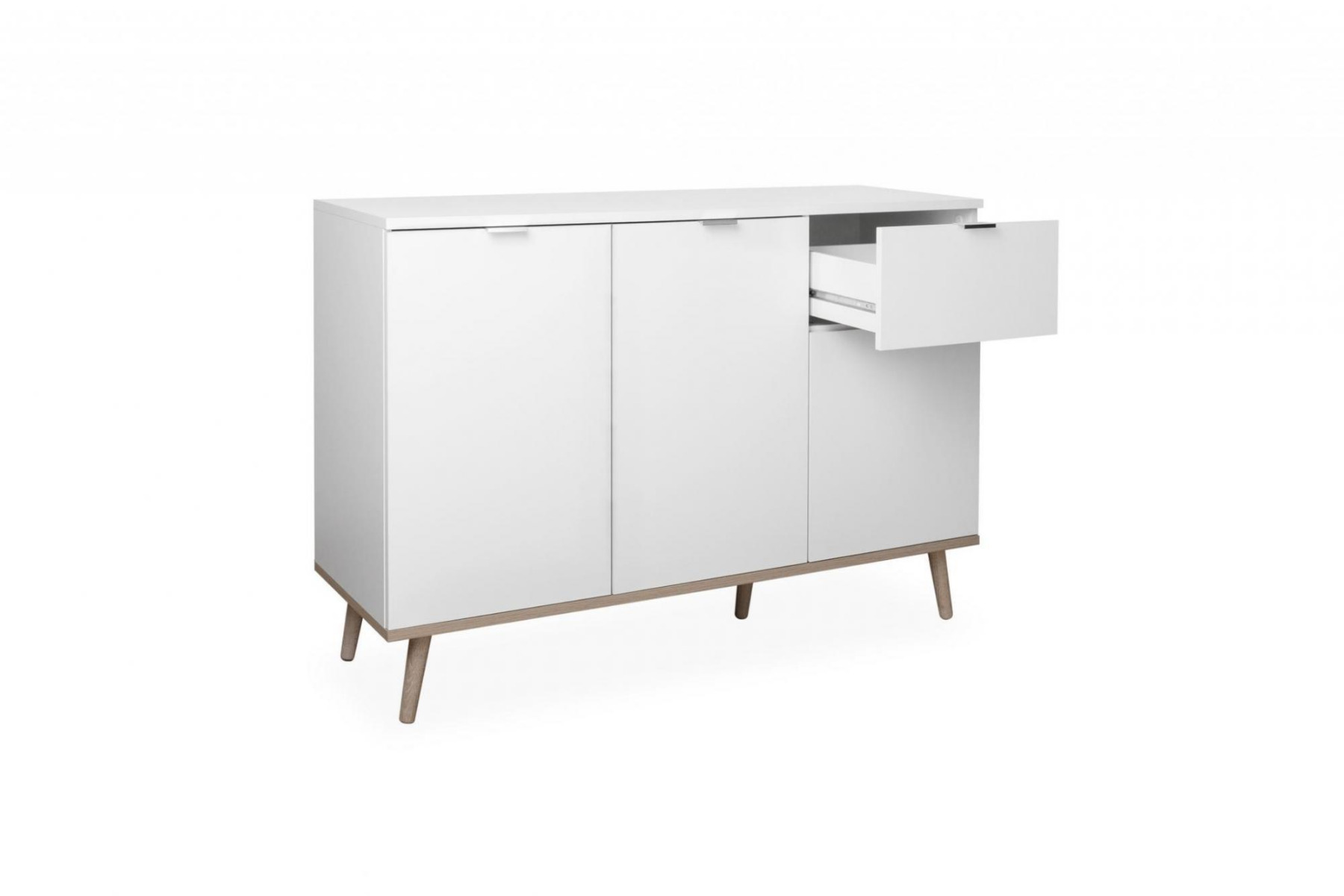 Madia in stile nordico in finitura Bianco e Quercia, 3 ante e 1 cassetto