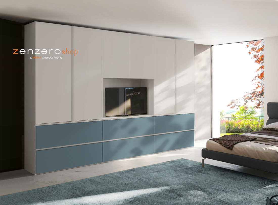 Armadio con 6 ante battenti e 6 cassetti in finitura Grigio seta e Petrolio