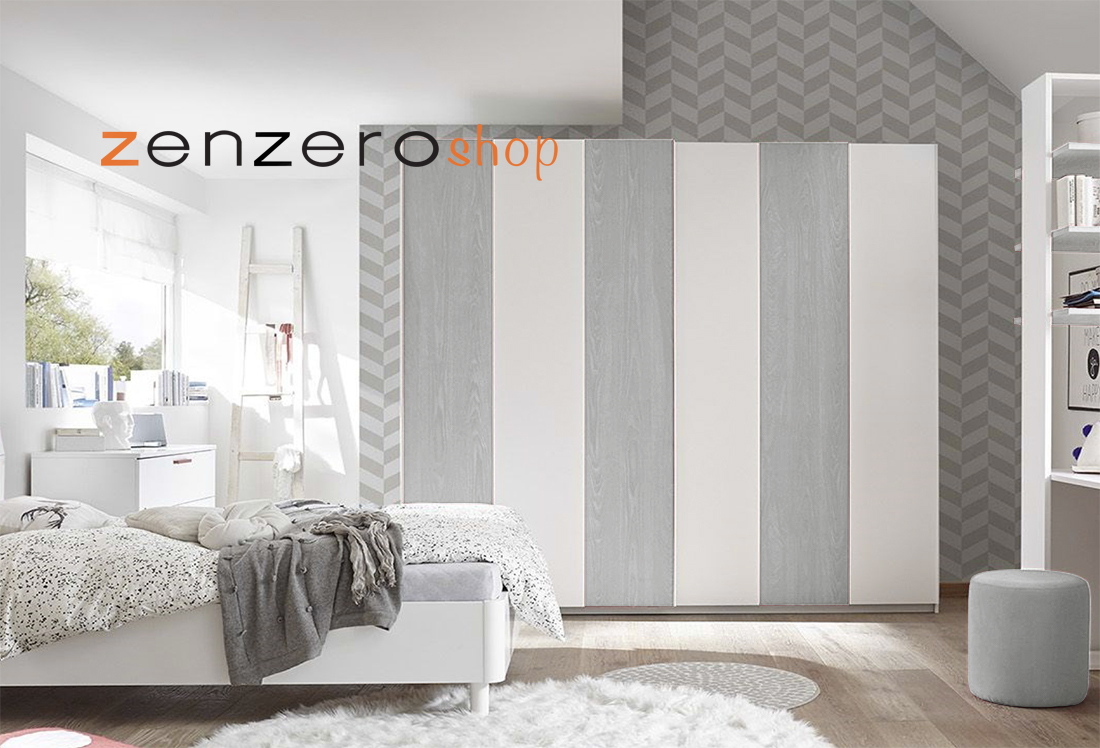 Cameretta moderna con letto imbottito e armadio  vertigo grigio H.230
