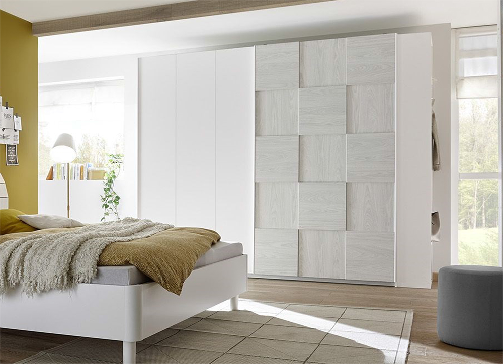 Camera completa con letto grigio in tessuto imbottito con armadio Miss H.230