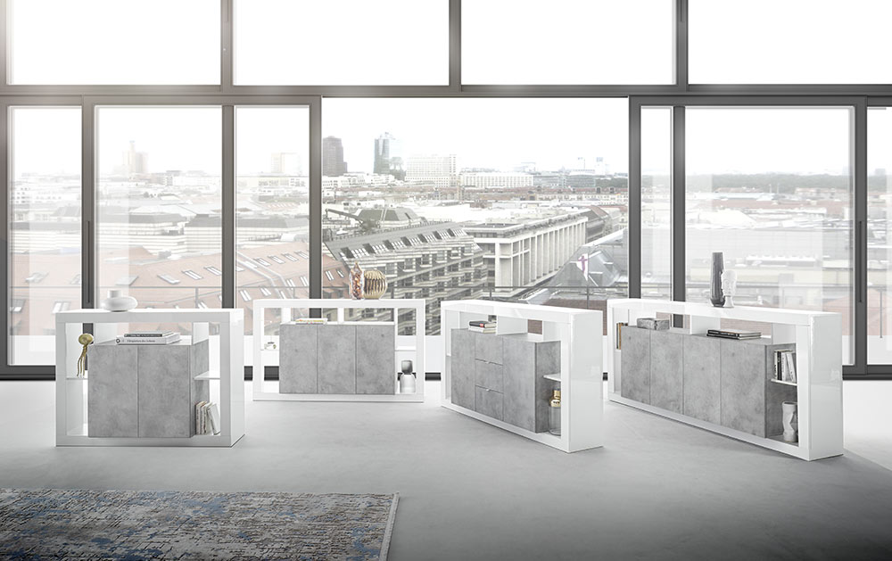 Madia scontata a 3 ante, finitura Bianco lucido e cemento, Made in Italy