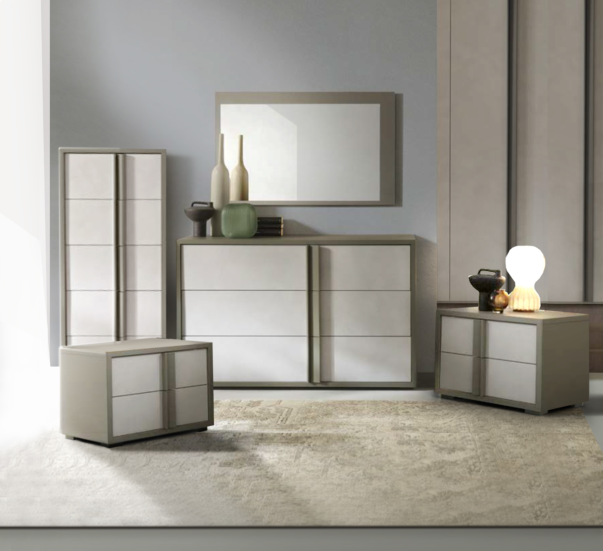 Set zona notte completo, finitura Calce e Grigio londra