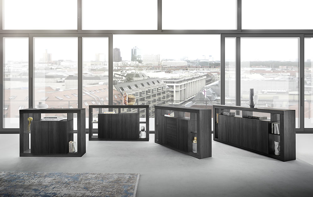 Pratica Madia moderna a 2 ante e 3 cassetti, finitura Nero frassinato