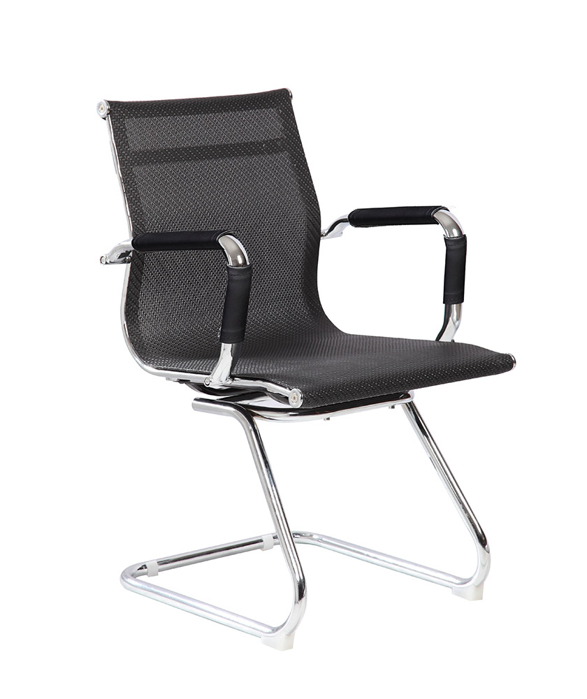 Poltrona da attesa con slitta e braccioli in rete nera 