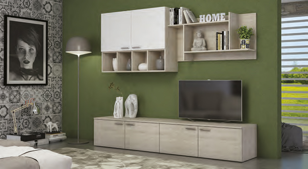 Parete attrezzata Olmo Perla con elemento sospeso Bianco seta, made in Italy