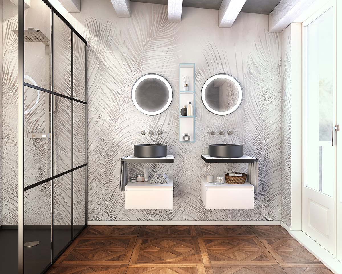 Doppio mobile bagno sospeso, finitura Bianco opaco e Gres calacatta