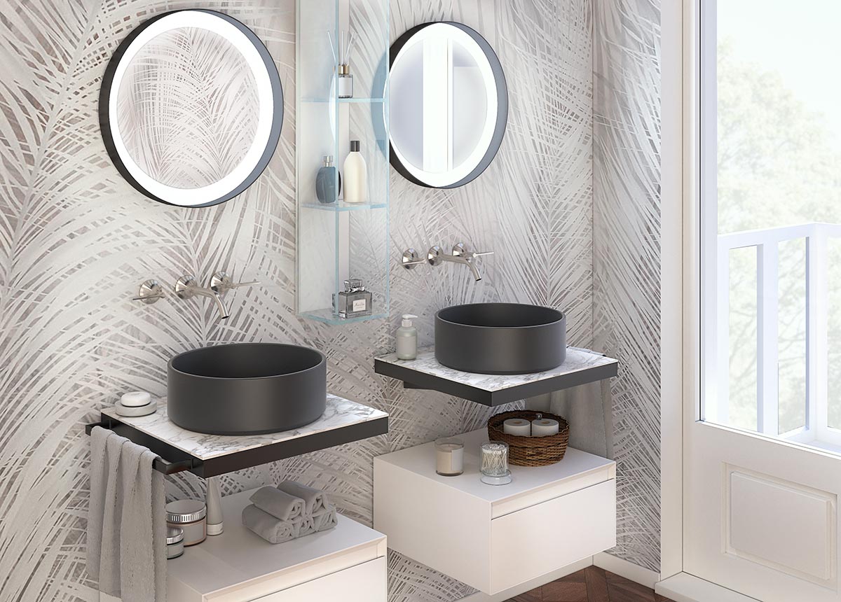 Doppio mobile bagno sospeso, finitura Bianco opaco e Gres calacatta