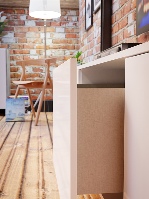 Soggiorno con parete attrezzata e madia, Bianca lucido e Grigio loftwood