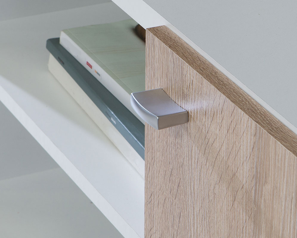 Vetrina moderna con ante e cassetti, finitura Rovere sonoma e Bianco