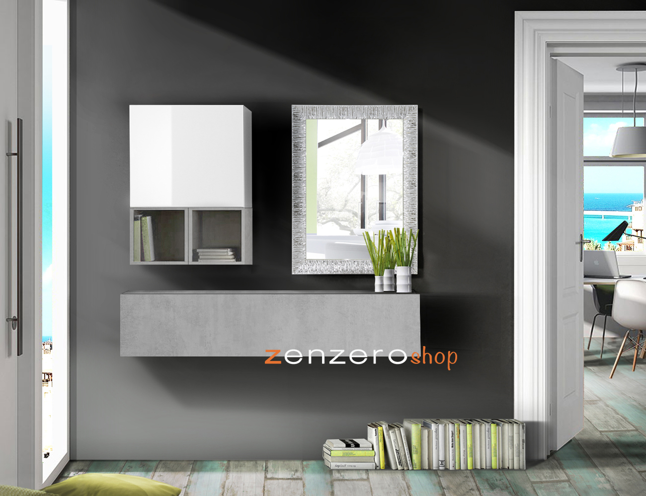 Mobili per ingressi moderni in finitura Beton, Bianco Lucido e Argento