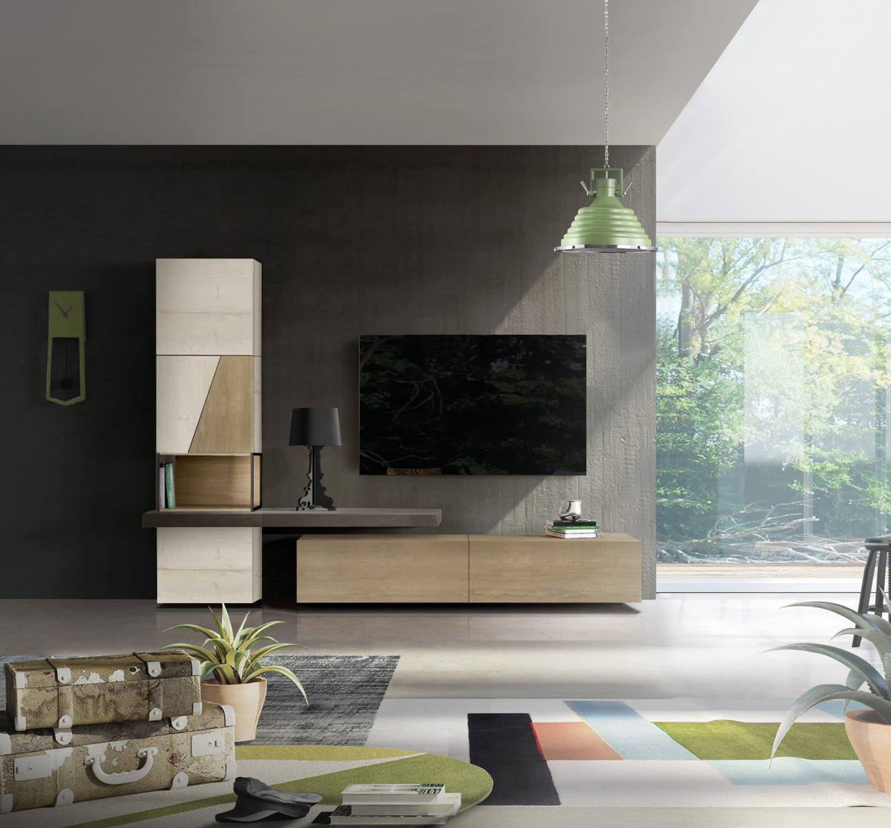 Parete attrezzata industry, con mensolone e vano con telaio in ferro, finitura Rovere sbiancato e quercia