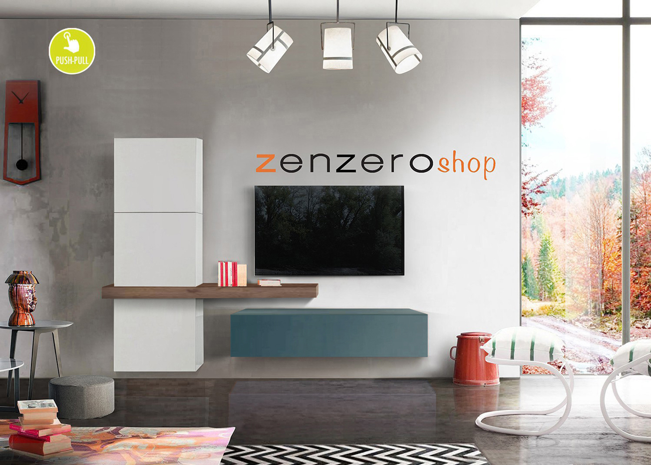 Parete attrezzata moderna, Bianca Opaco, Petrolio e Rovere Tabacco