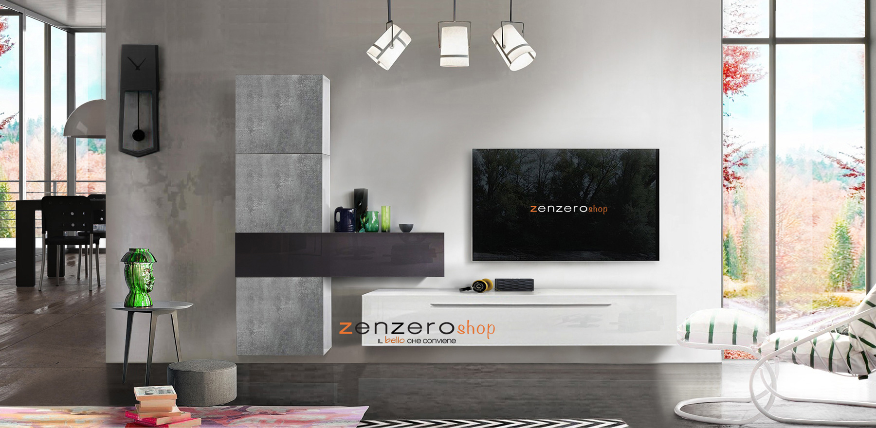 Soggiorno Zenzero, parete attrezzata moderna, Bianca lucida e Beton e Antracite