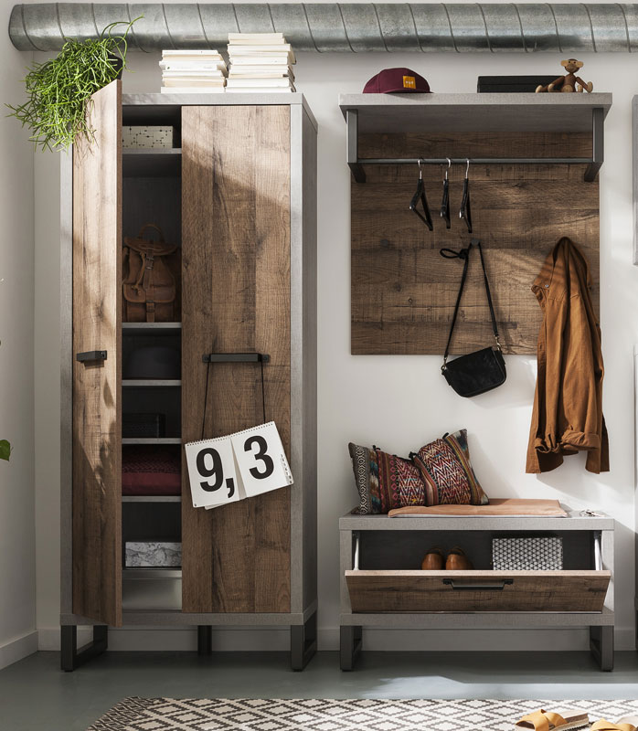 Composizione d'ingresso Industry con Armadio e Panca, Cemento e Rovere invecchiato