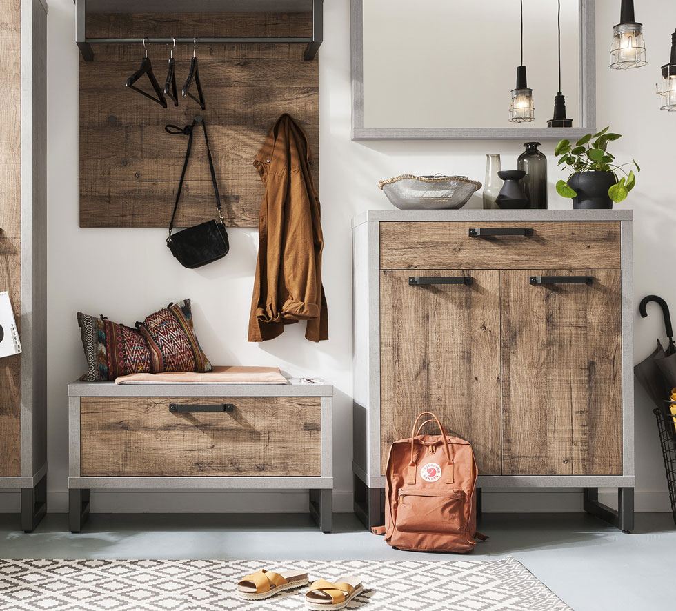 Composizione d'ingresso Industry con Panca e Scarpiera, Cemento e Rovere invecchiato