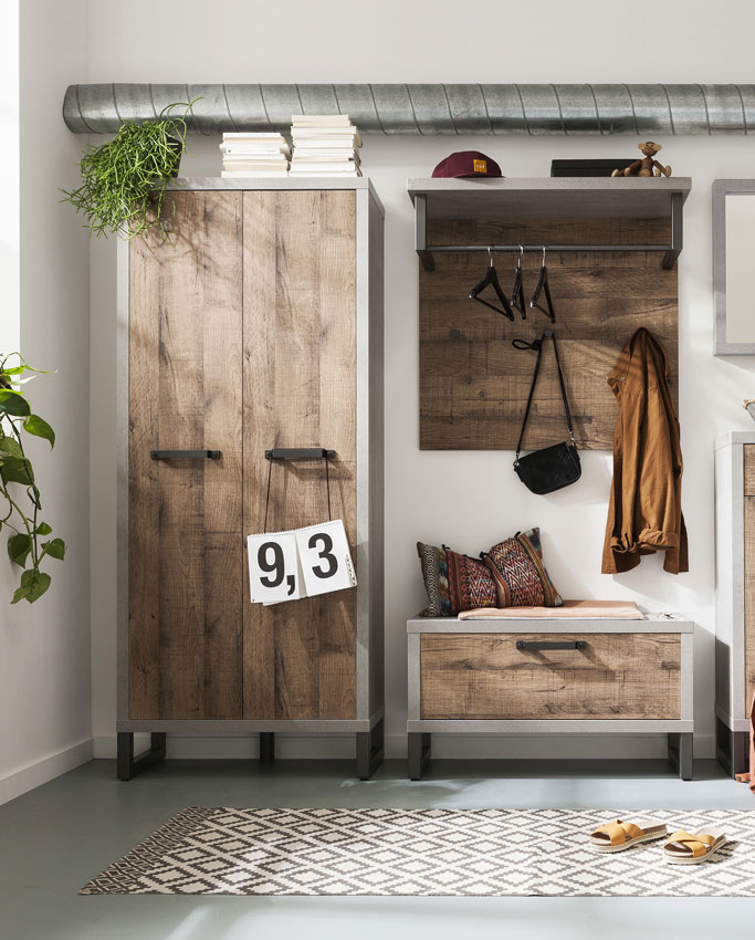 Composizione d'ingresso Industry con Armadio e Panca, Cemento e Rovere invecchiato