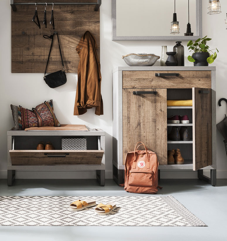 Composizione d'ingresso Industry con Panca e Scarpiera, Cemento e Rovere invecchiato