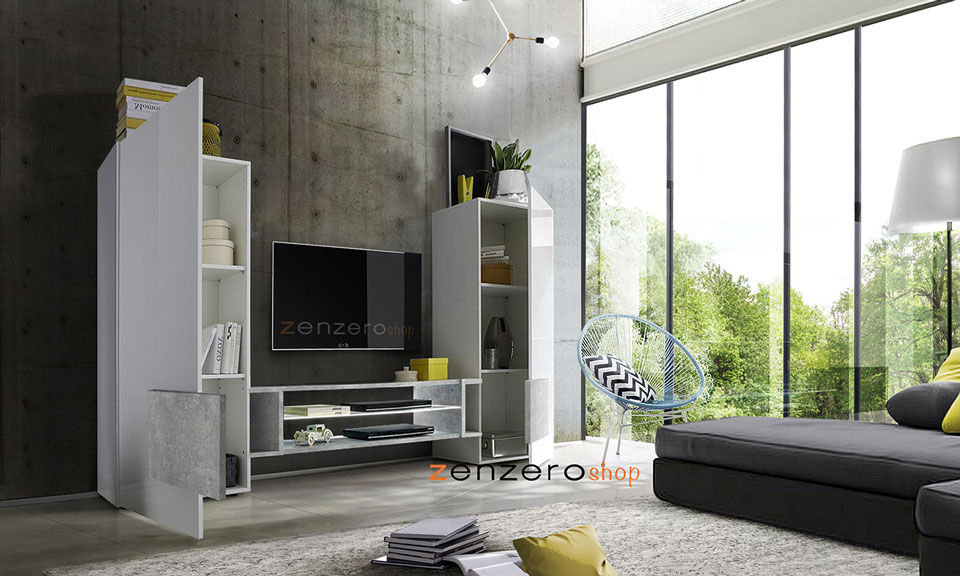 Mobile porta tv, soggiorno moderno Irene Bianco Lucido e Beton