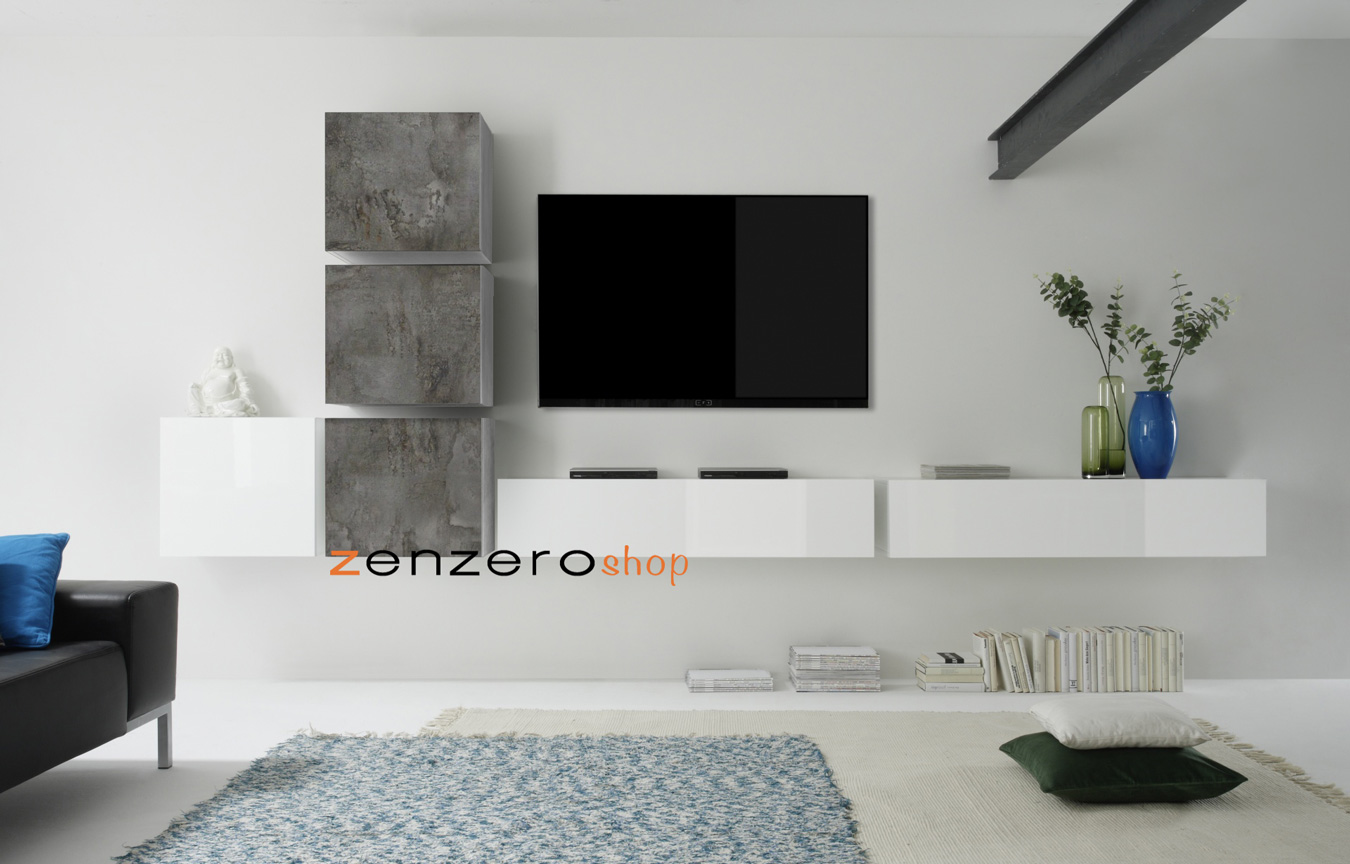 Parete attrezzata con 2 pensili vasistas e ribalte e 4 cubi, finitura Bianco Lucido, Ossido e Beton