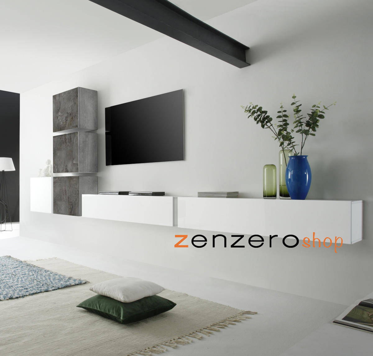 Parete attrezzata con 2 pensili vasistas e ribalte e 4 cubi, finitura Bianco Lucido, Ossido e Beton