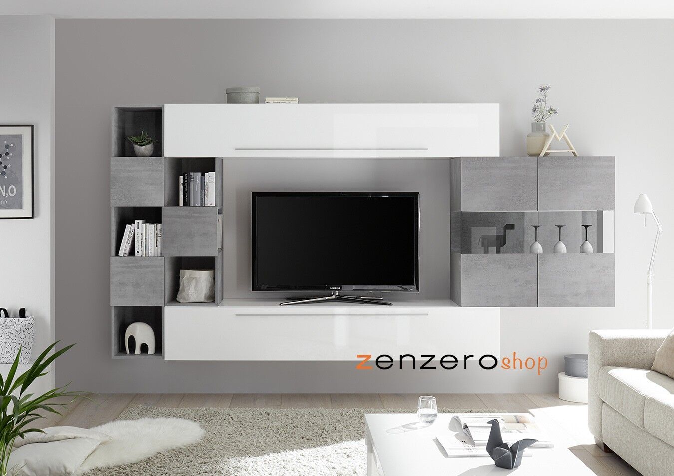 Soggiorno Zenzero, parete attrezzata bianco lucido e beton con vetrina 2 ante