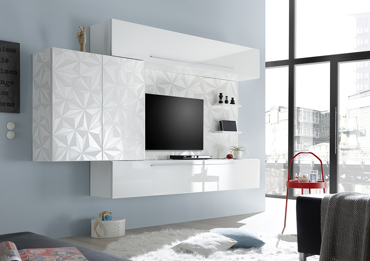 Parete attrezzata moderna con contenitore a parete Bianco Laccato Lucido serigrafato