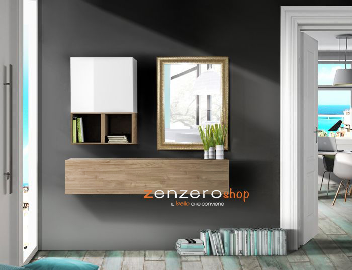 Mobile da ingresso completo con specchio in legno, finitura Noce Stelvio, Cadiz, Bianco Lucido e Oro
