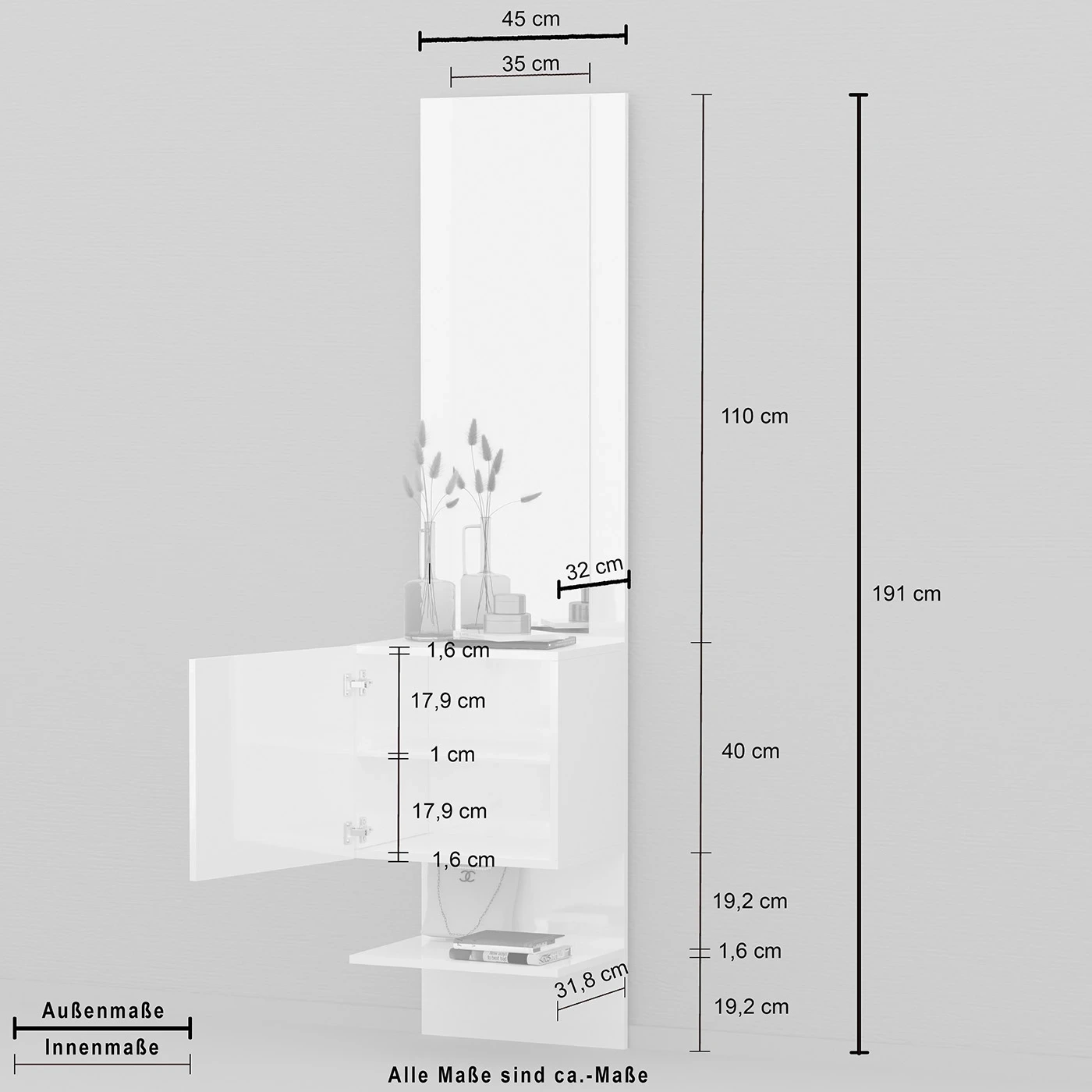Set ingresso da 2 pezzi, 90x191x35 h cm, Bianco laccato lucido