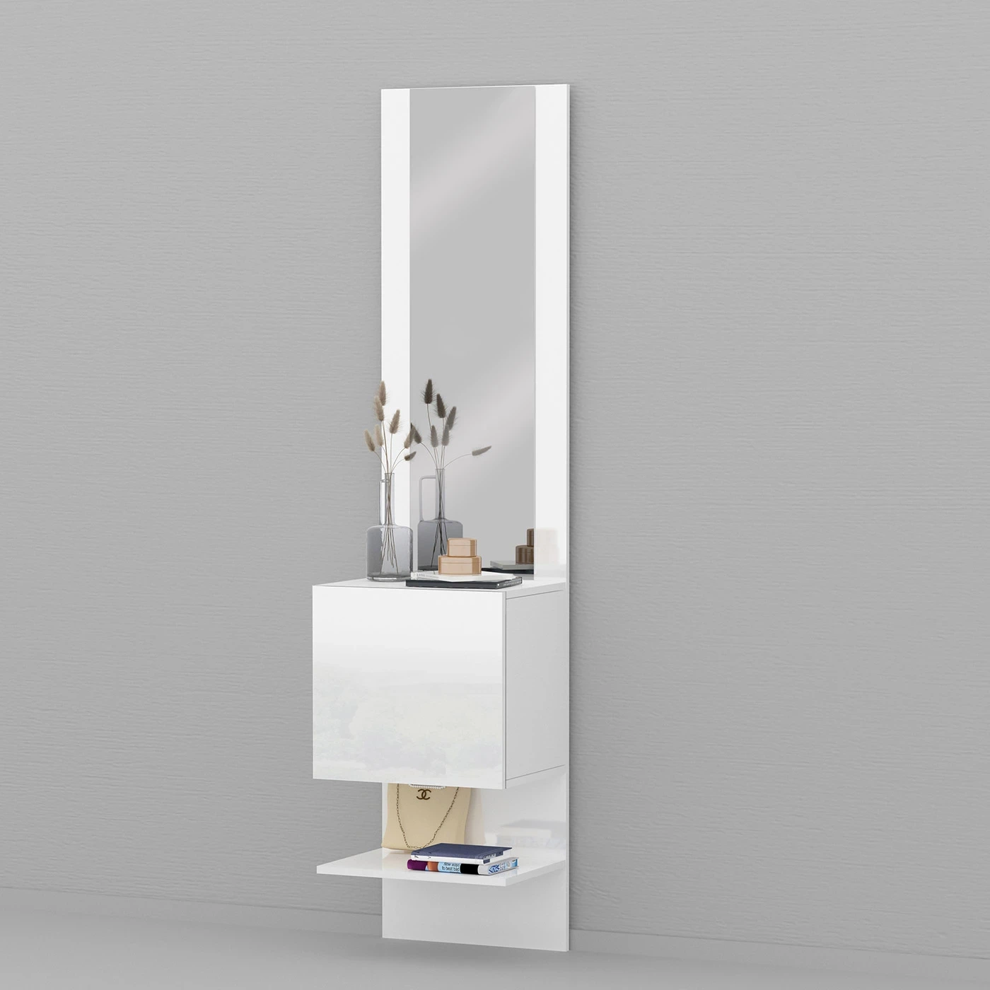 Pannello Specchiera con elemento ad 1 Anta Battente, 45x191x35 h cm, Bianco laccato lucido