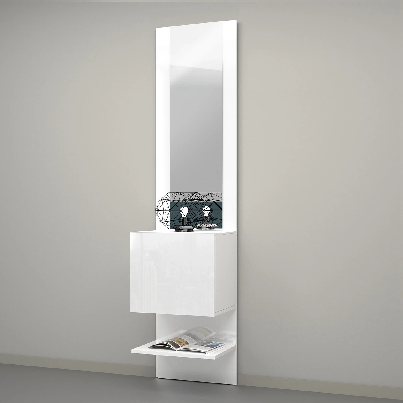 Pannello Specchiera con elemento ad 1 Anta Battente, 45x191x35 h cm, Bianco laccato lucido