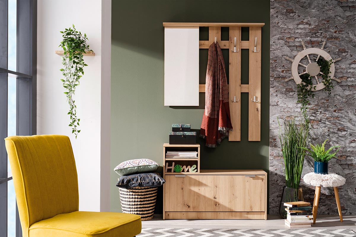 Mobili ingresso con scarpiera, specchiera e appendiabiti, Rovere, scontato