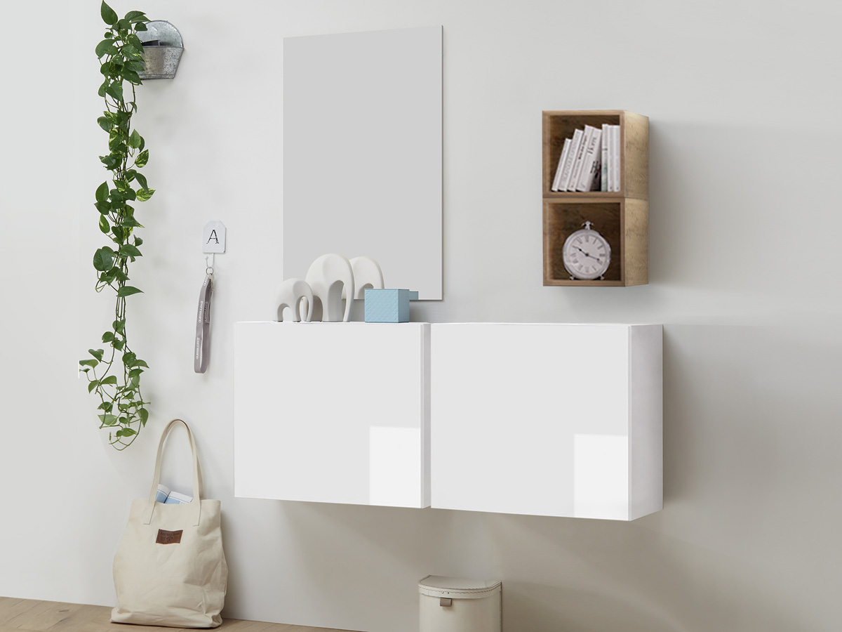 Mobile da ingresso con coppia di cubi, vani e specchio, finitura Bianco lucido e Miele