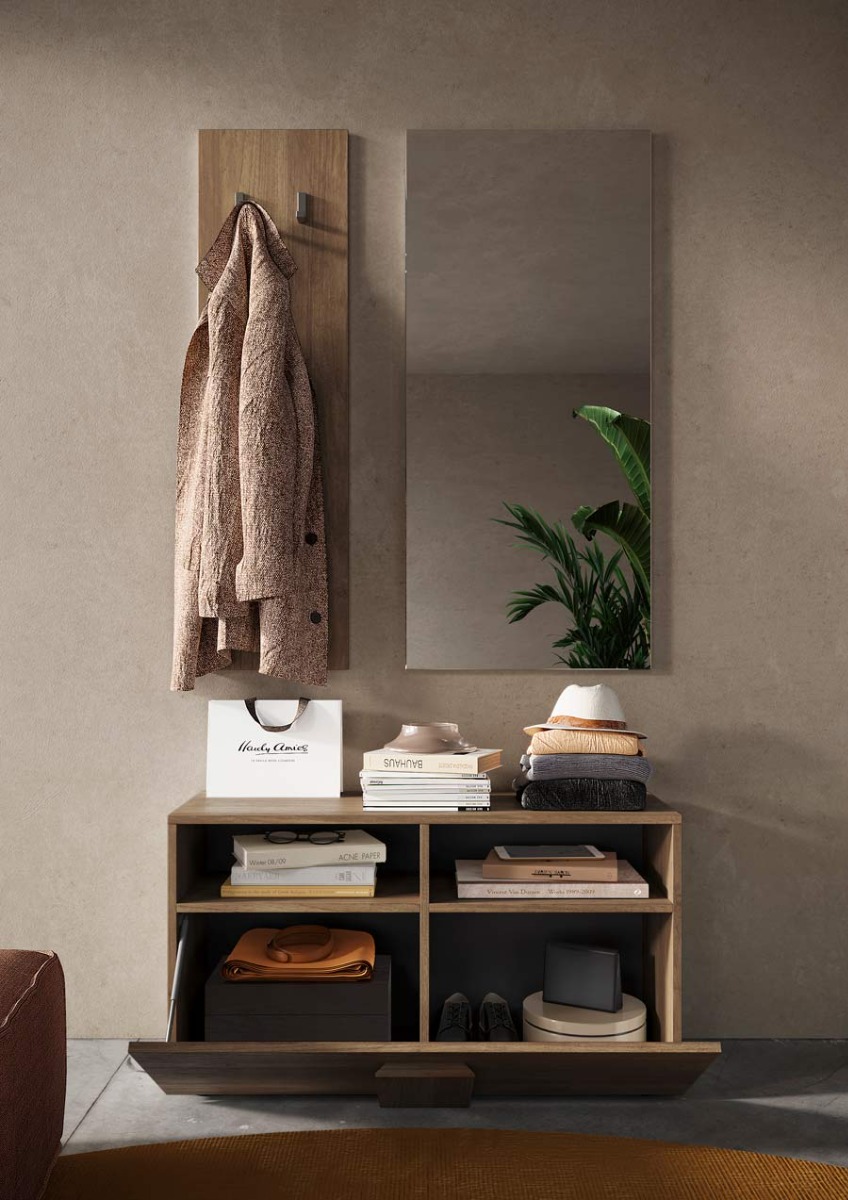 Composizione da ingresso completa formata da guardaroba, panca, specchio, appendiabiti e madia 2 ante Zenzero Shop