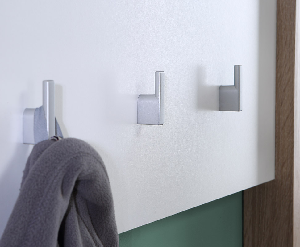 Mobile ingresso con appendiabiti e cassetti, finitura Rovere e Bianco