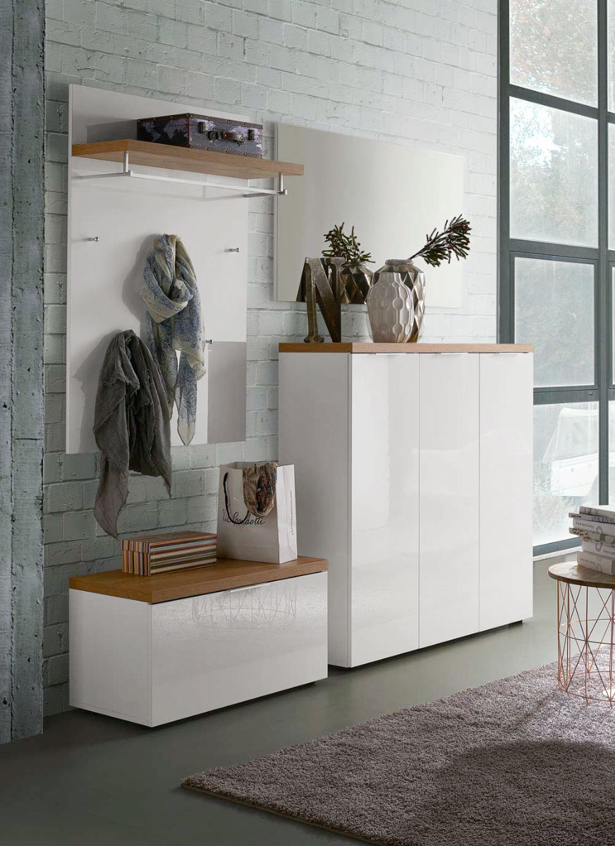 Scarpiera 3 ante, Bianco laccato lucido e Castagno, pronta consegna