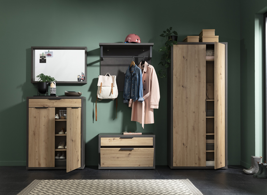 Panca con 1 ribalta e 1 cassetto Rovere chiaro e Grigio smoke, Made in Italy