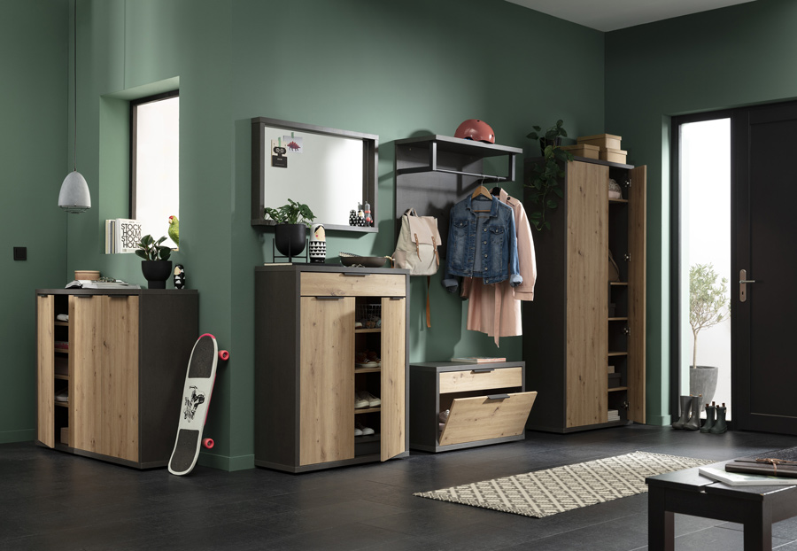 Panca con 1 ribalta e 1 cassetto Rovere chiaro e Grigio smoke, Made in Italy