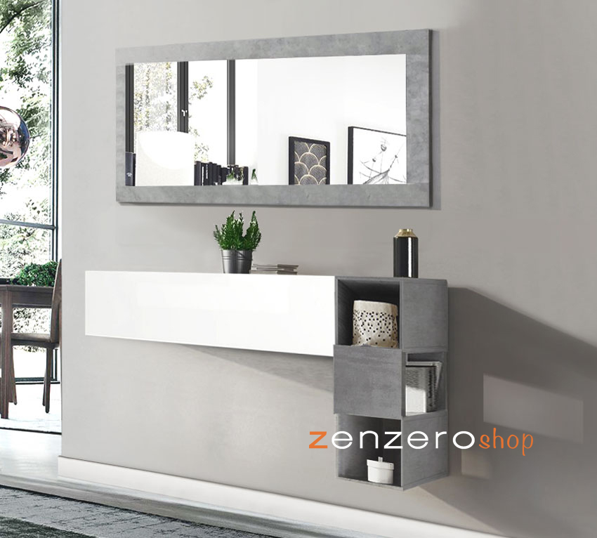 Mobile da ingresso con libreria sospesa, ribalta e specchio, finitura bianco lucido e beton
