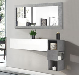 Mobile da ingresso con libreria sospesa, ribalta e specchio, finitura bianco lucido e beton