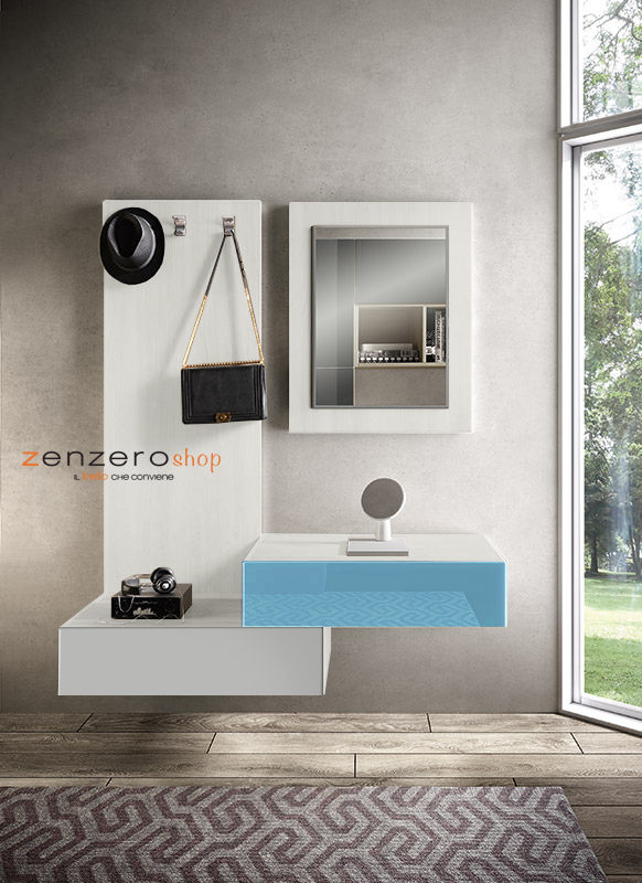 Ingresso moderno Awasis in finitura Frassinato bianco, Grigio opaco e Azzurro vetro