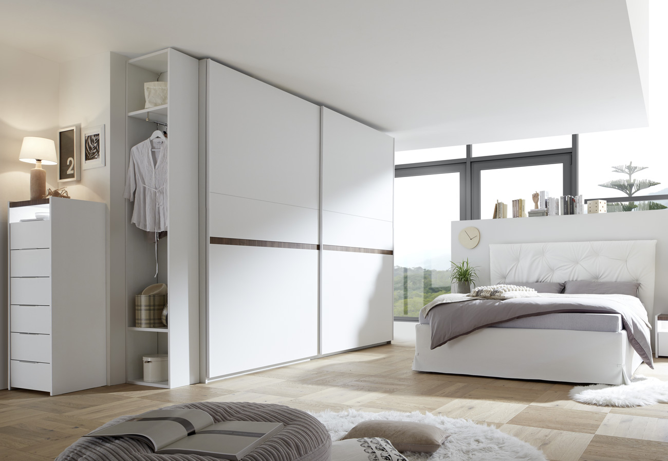 Camere matrimoniale Bianca Opaco e Noce Dark con letto ecopelle bianco