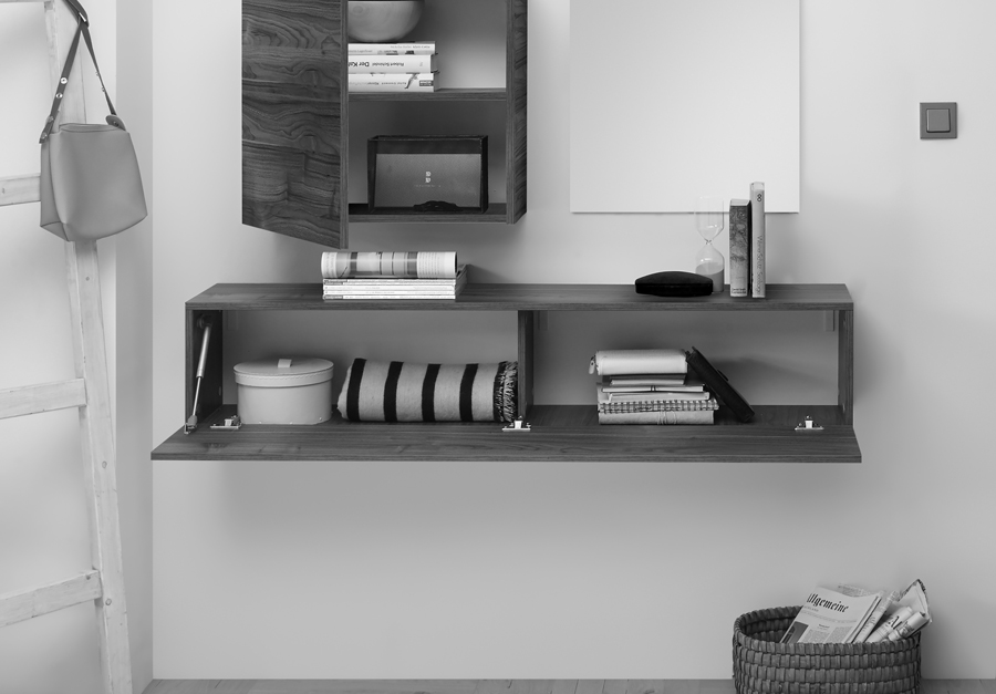 Moderna Composizione d'Ingresso, con pensili, vani e specchiera, finitura Ossido, Beton e Piombo