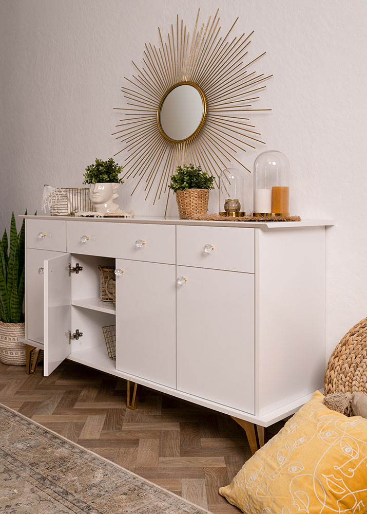 Madia Oslo con 4 ante e 4 cassetti in finitura bianco e oro