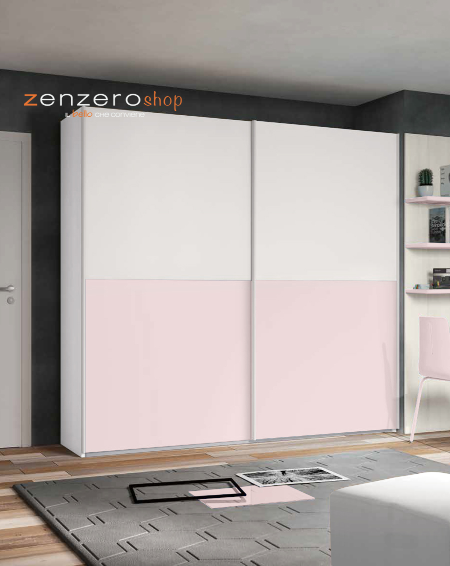Armadio scorrevole moderno, Rosa confetto e Bianco Opaco a 2 ante