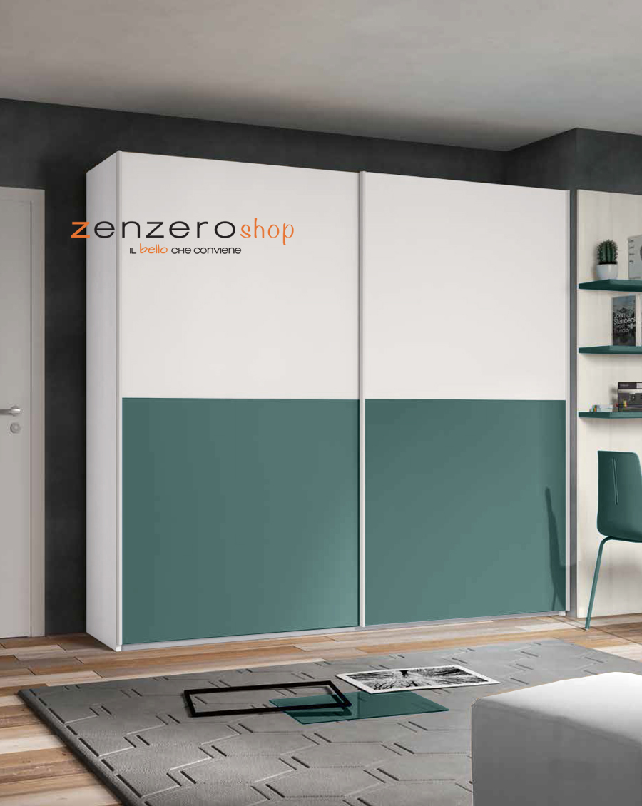 Armadio scorrevole moderno, Verde Salvia e Bianco Opaco a 2 ante