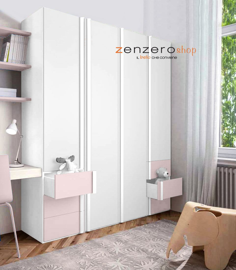 Armadio moderno 4 ante battenti e 6 cassetti in Bianco e Rosa confetto