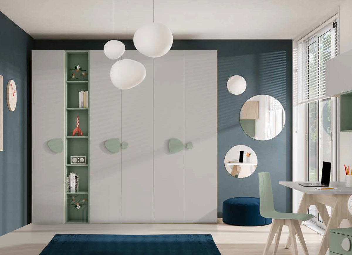 Armadio moderno con 5 ante battenti, Grigio, Agave e Olmo natura