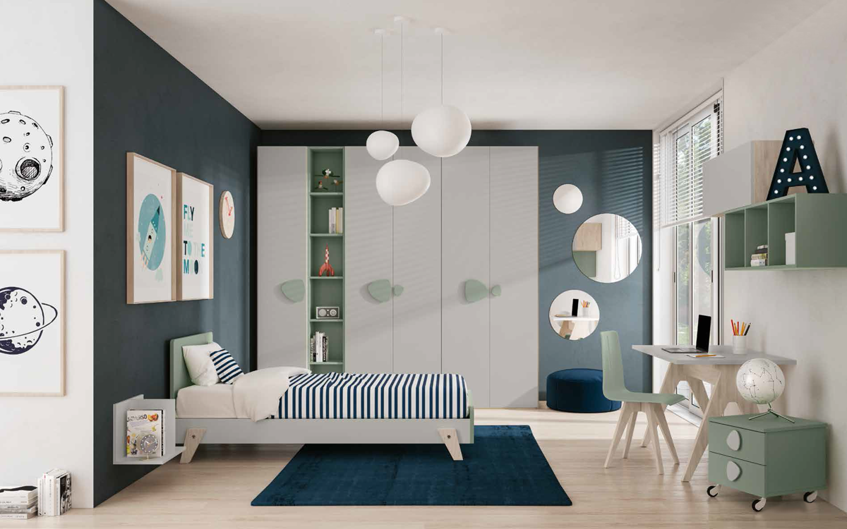 Armadio moderno con 5 ante battenti, Grigio, Agave e Olmo natura