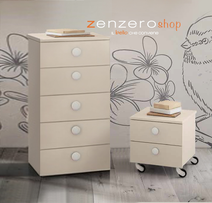 Composizione Settimino e Comodino per camerette, finitura Orzo